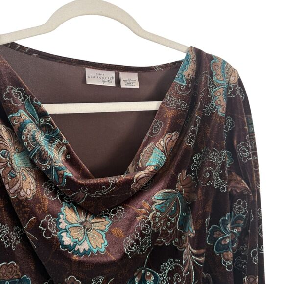 Kim Rogers Brown Floral Velvet Blouse Cowl Neck Y2K Fairy Womens Large Petite - Picture 2 of 6